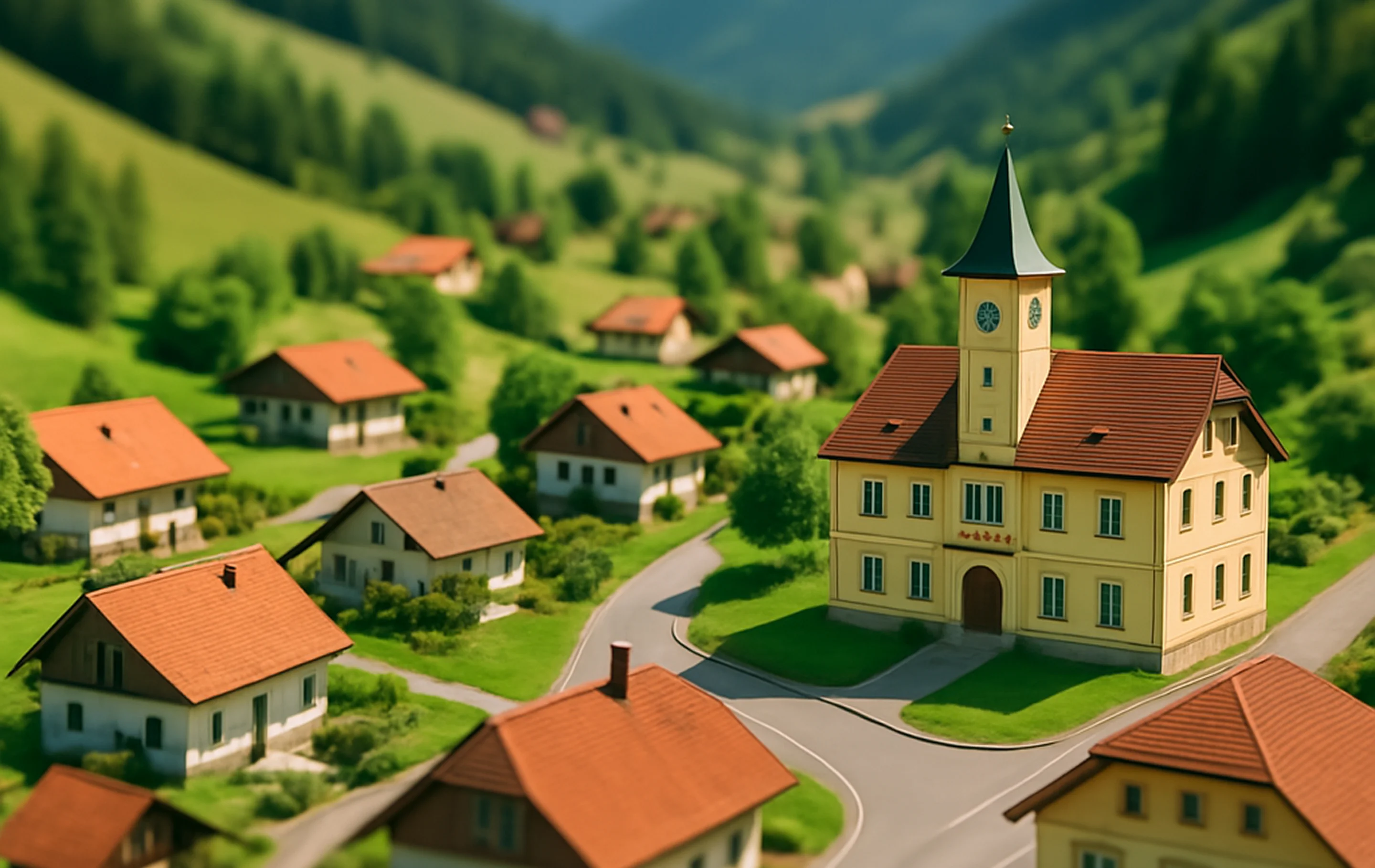 Luftbild mit Wohnhäusern und Rathaus in der Mitte