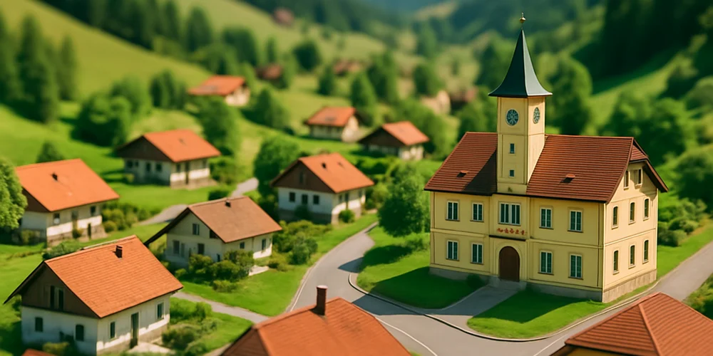 Luftbild mit Wohnhäusern und Rathaus in der Mitte