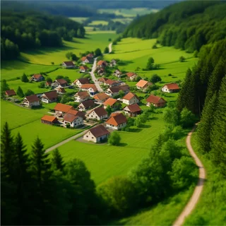 Luftbild mit einem kleinen Ort in der Mitte des Tals, aus Entfernung aufgenommen