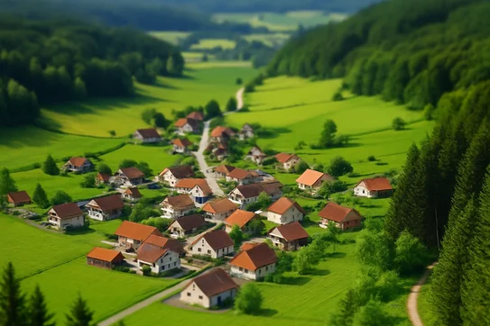 Luftbild mit einem kleinen Ort in der Mitte des Tals, aus Entfernung aufgenommen