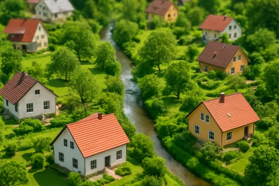 Luftbild mit einigen Einfamilienhäusern, viel Grün rings herum