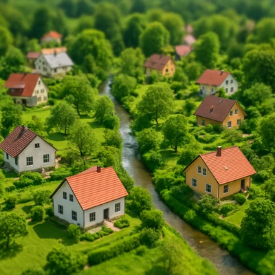 Luftbild mit einigen Einfamilienhäusern, viel Grün rings herum